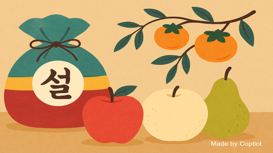 설명절과 사과, 배, 감을 상징하는 일러스트레이션